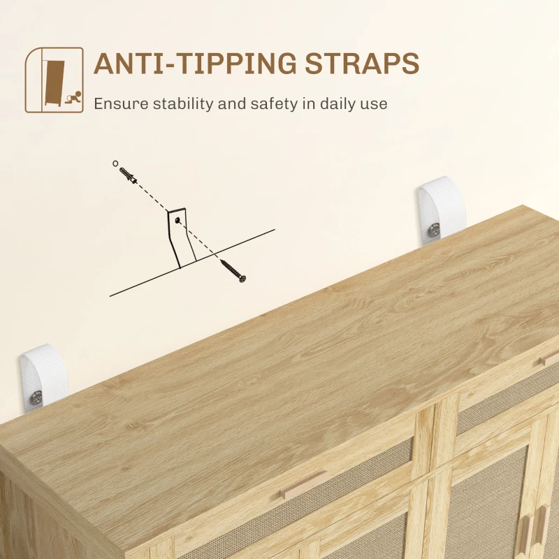 HOMCOM Kitchen Sideboard Cabinet, Boho Entryway Cabinet with Decorative Rattan Doors and Drawers for Dining Room, Oak