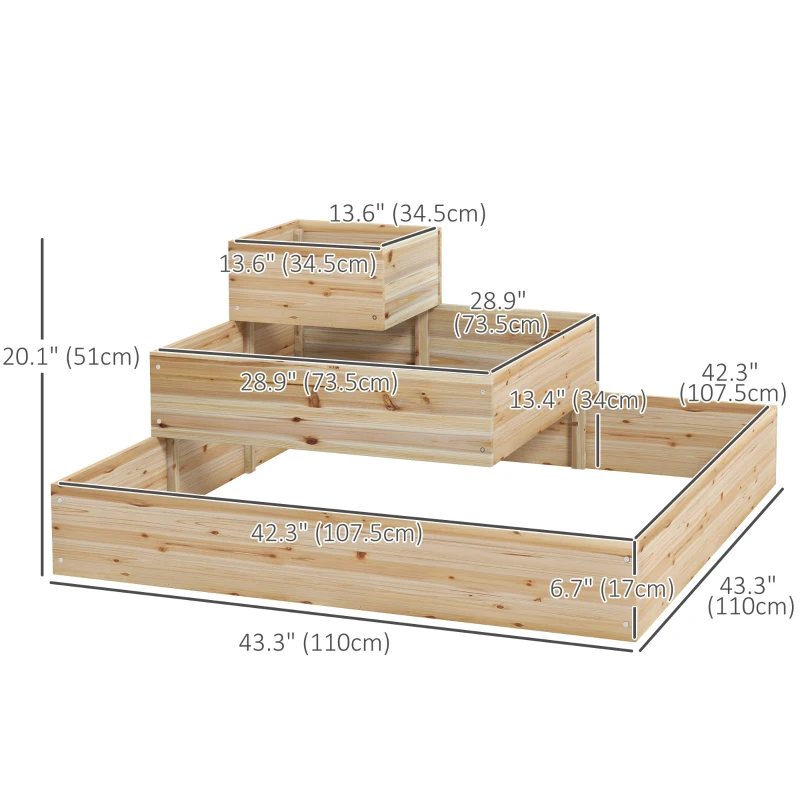 Outsunny Outdoor Elevated Planter Box, 3-Tier Wooden Raised Garden Bed for Vegetables, Flowers and Herbs, 43.3" x 43.3" x 20.1"