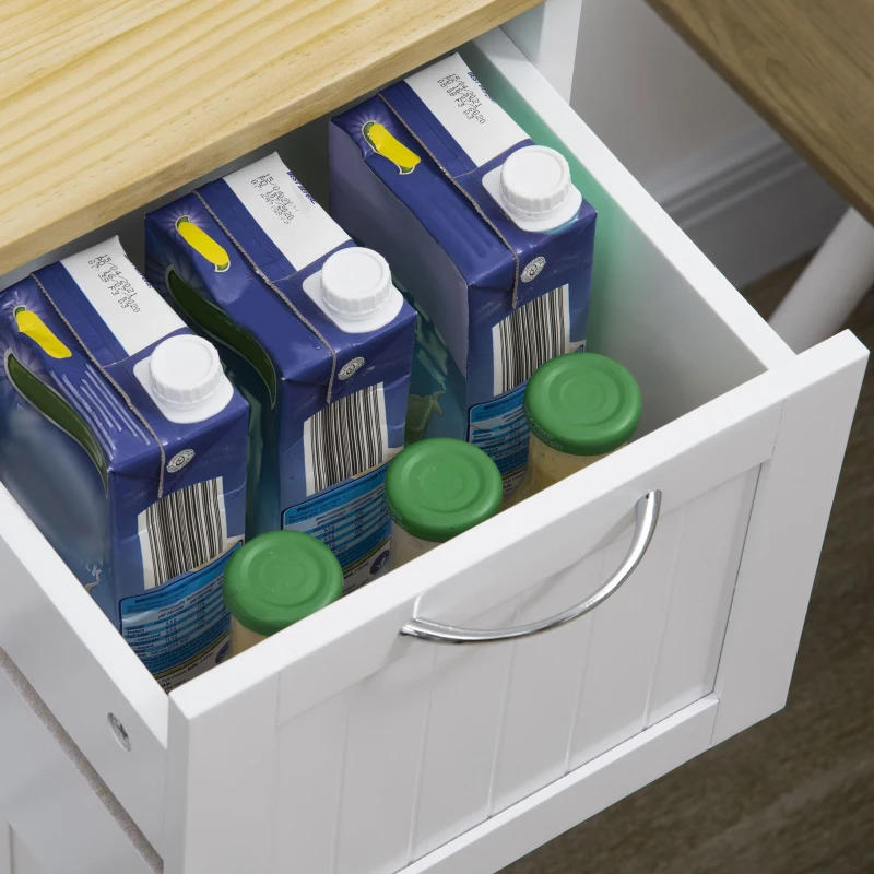 HOMCOM Kitchen Cart, Kitchen Island Coffee Bar Cart on Wheels with Wooden Top, Utility Trolley with 3 Storage Drawers, 2 Shelves, Removable Tray for Dining Room, White