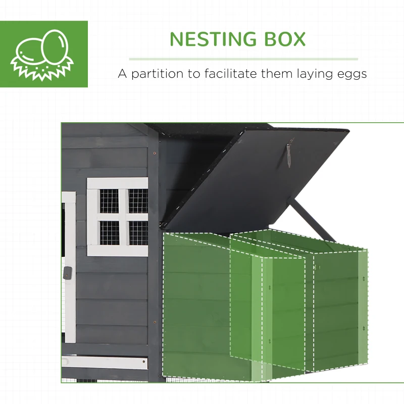 PawHut 84" Wooden Chicken Coop, Hen House Outdoor with Run Nesting Box, Asphalt Roof, Removable Tray, Ramp, Poultry Cage for 2-3 Chickens, Gray(m-6)