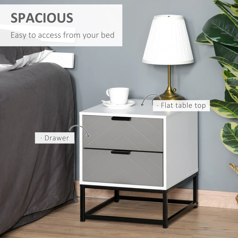 HOMCOM Bedside Table with 2 Drawer Storage Unit, Unique Shape Nightstand with Metal Base for Bedroom