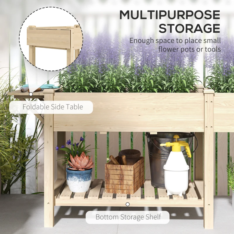 Outsunny Wood Raised Garden Box, Elevated Garden Bed with Side Table, Bottom Shelf, Bed Liners and Drainage Holes, Natural