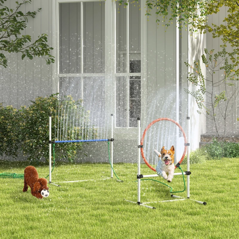 PawHut 3pc Dog Agility Training Equipment Set with Spray Water Tube, White