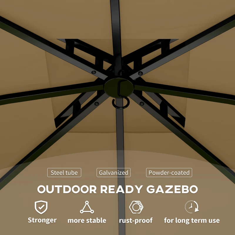 Outsunny 11' x 11' Outdoor Gazebo, Double Roof Patio Gazebo with Curtains, Church Windows, Galvanized Steel Frame, Beige