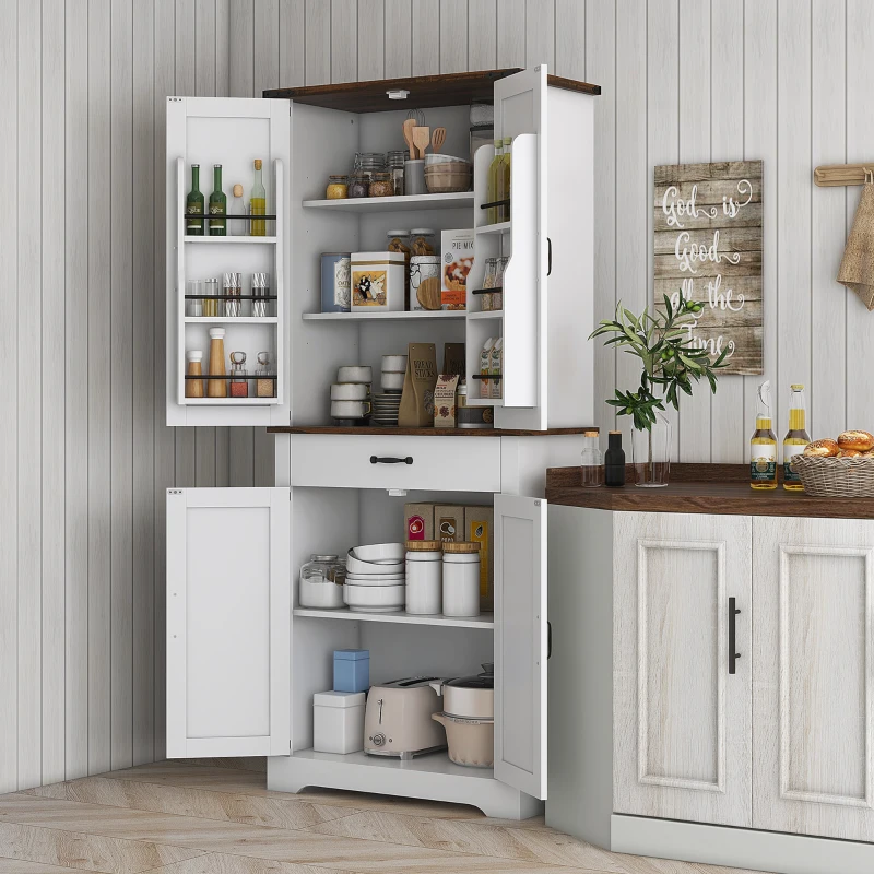 HOMCOM 71" Tall Kitchen Cabinet, Farmhouse Pantry Cabinet w/ Barn Doors, 6 Shelves w/ 2 Doors, Drawer and Adjustable Shelves, White