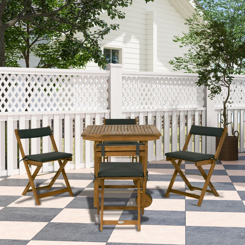 Outsunny 5 Pieces Wood Patio Dining Set, Wheeled Patio Table and Folding Chairs with Cushions for Garden Backyard Poolside, Teak