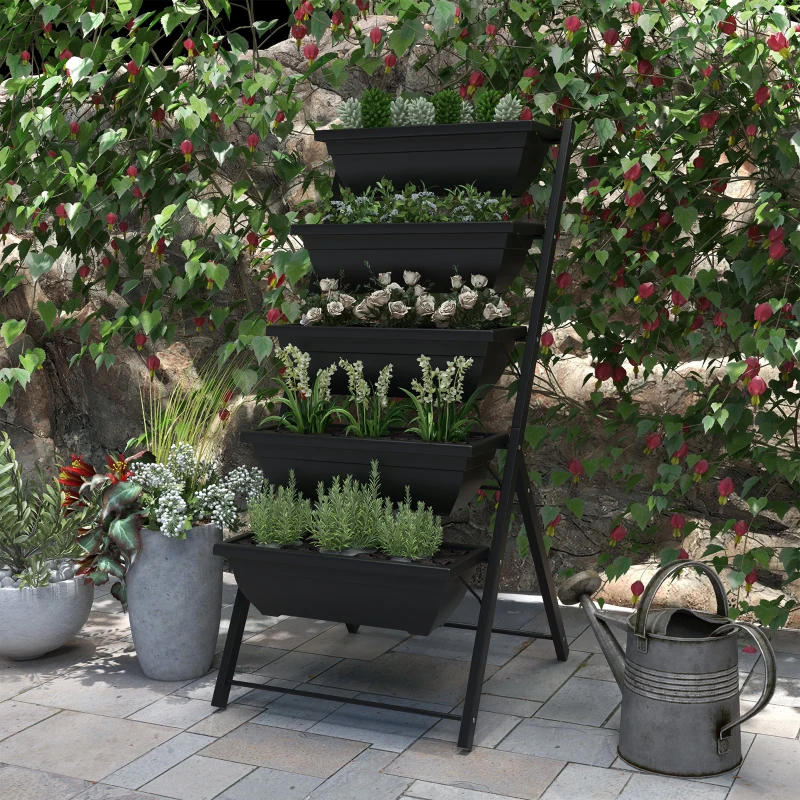 Outsunny 5-Tier Raised Garden Bed with 5 Planter Box, Outdoor Plant Stand Grow Containers with Leaking Holes, Black