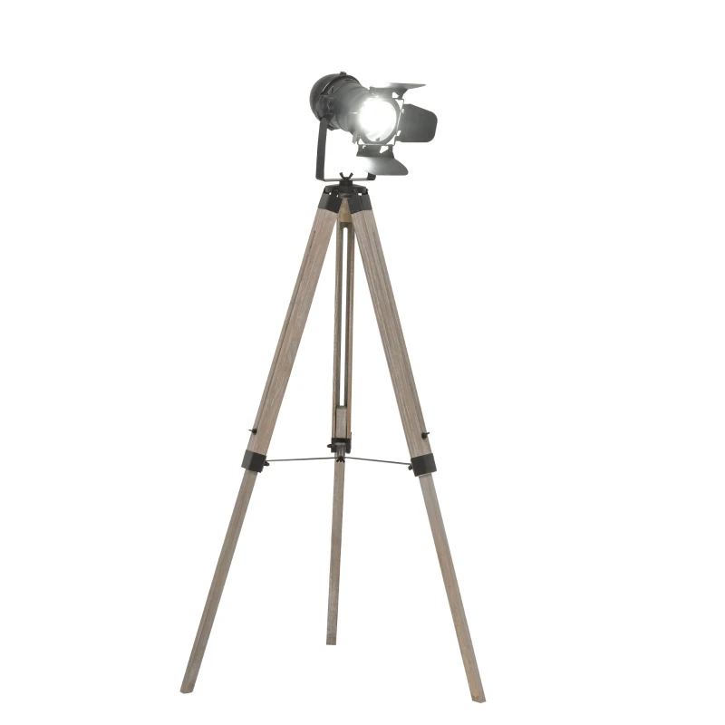 HOMCOM Industrial Tripod Floor Lamp for Living Room Bedroom, Vintage Standing Reading Lamp with Wooden Metal Legs for Home and Office, Black