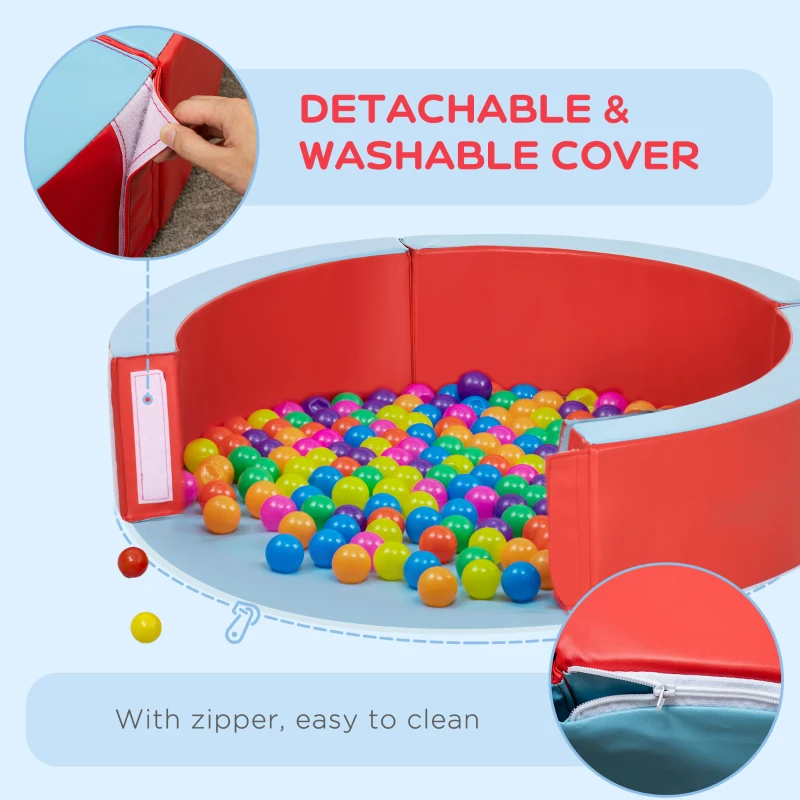Outsunny Foam Kids Ball Pit Pool with Removable & Washable Cover, 45" x 10" Round Ball Pit for Toddlers with 200 Ocean Balls, Soft Baby Playpen, Red