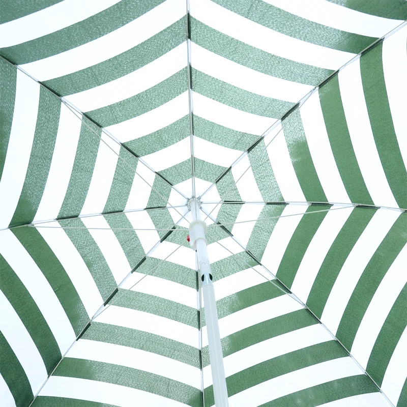 Outsunny 6FT Round Beach Umbrella with Tilt Mechanism, Outdoor UV Protection Sun Shaded Canopy with Push Button, Striped Green