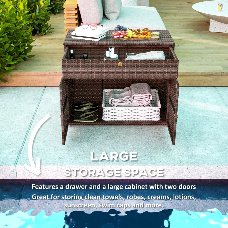 Outsunny Outdoor Storage Cabinet, Waterproof PE Rattan Cabinet with Drawer for Indoor, Outdoor Swimming Pool, Mixed Brown