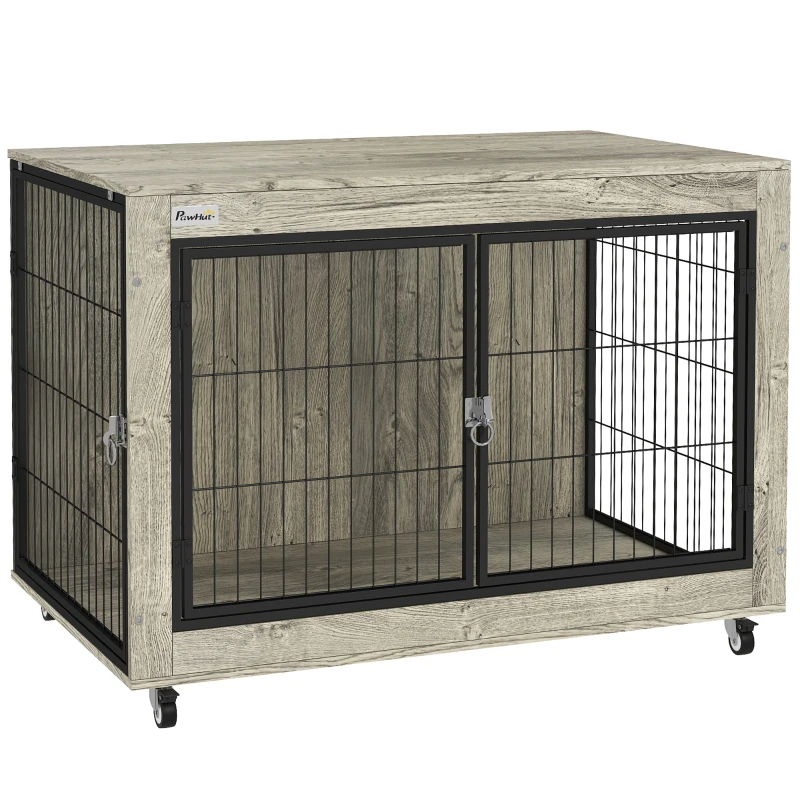 PawHut 39" Dog Crate Furniture End Side Table with Wheels, Interchangeable Side Door, for Large Dogs, Gray