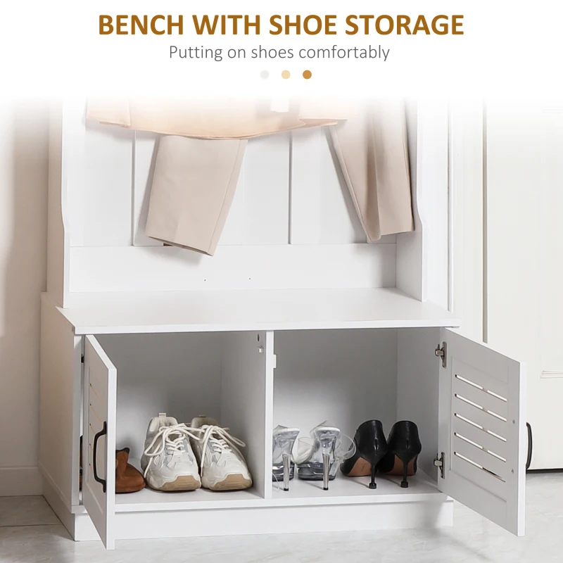 HOMCOM Modern Hall Tree, Entryway Coat Rack with Shoe Bench, 5 Hooks, Storage Shelf and Slatted Door Cabinet for Hallway, White