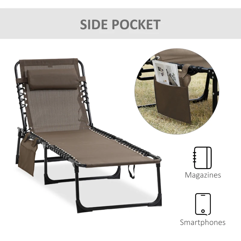 Outsunny Reclining Chaise Lounge Chair, Portable Sun Lounger, Folding Camping Cot with Adjustable Backrest and Removable Pillow, for Patio, Garden, Beach, Brown