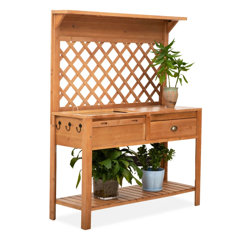 Outsunny Garden Potting Bench, Outdoor Wooden Workstation Table w/ Metal Screen, Drawer, Hooks, Storage Shelf, and Lattice Back for Patio, Backyard and Porch