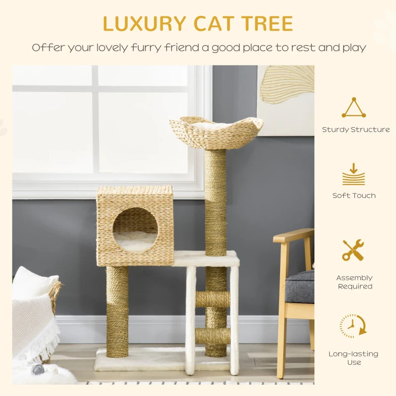 PawHut Cattail Weave Cat Tree for Indoor Cats Kitty Tower with Rattan Cat Condo, Wicker Bed, Ladder, Washable Cushions, 22.5" x 14.5" x 39.5", Natural
