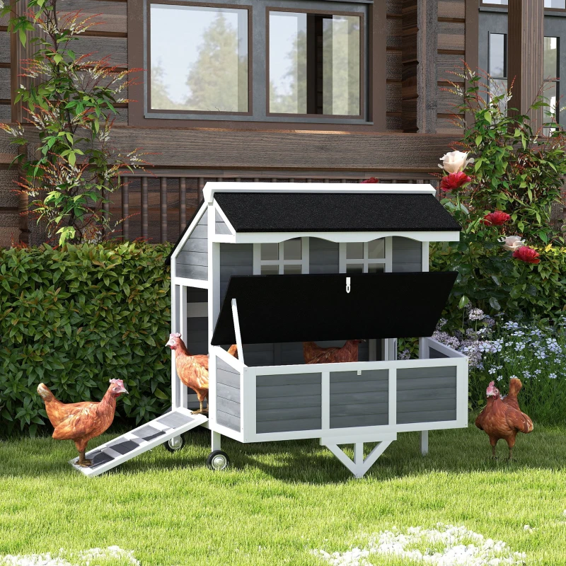 PawHut 43" Chicken Coop with Wheels, Chicken Tractor with Nesting Box, Windows, Pull-out Tray, Perches, for 2-4 Hens, Gray