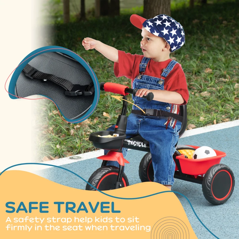 Qaba Large Kids Tricycle for Toddler 2-5 Year Old Girls and Boys, Toddler Trike Bike with Adjustable Seat, Safety Belt,  Two Storage Baskets, Red