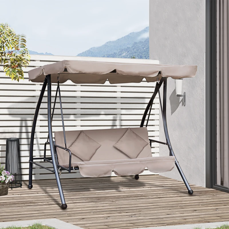 Outsunny Patio Swing Chair, 3 Person Convertible Hammock, Outdoor Lounge Bed, Cushioned with Tilt Canopy, Beige
