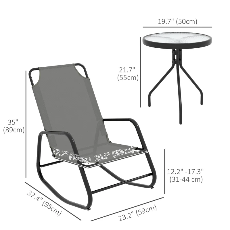 Outsunny Patio Rocking Chairs Set of 2, 3 Pieces Patio Bistro Set with Metal Frame, Breathable Mesh Fabric Seat for Garden, Deck, Grey
