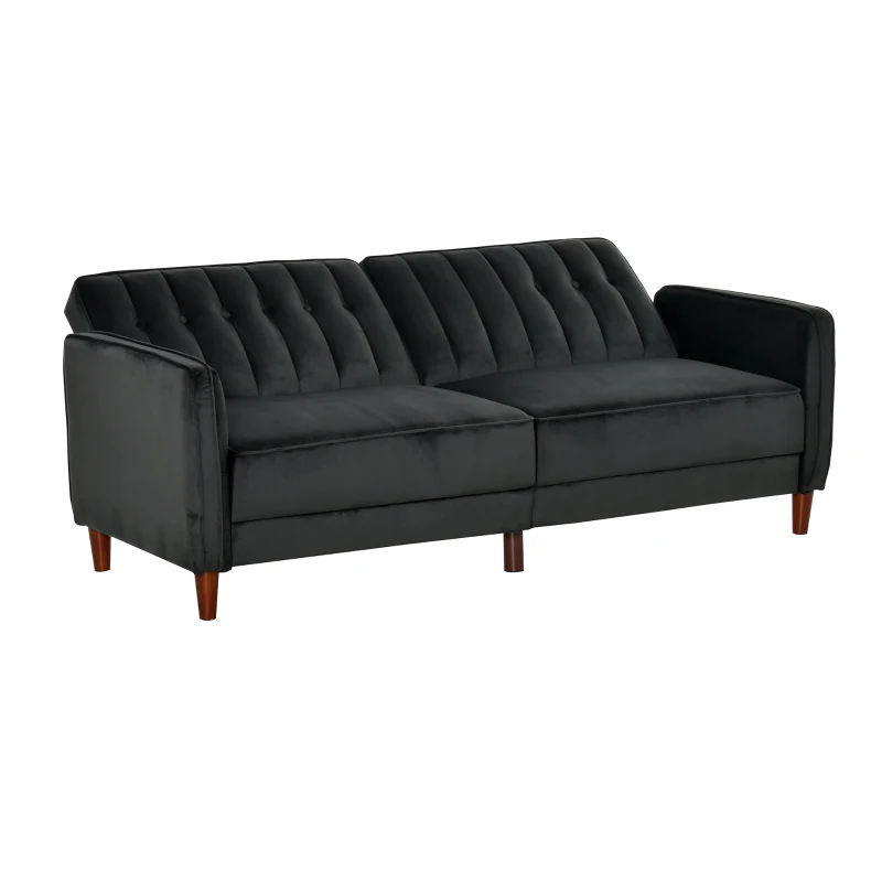 HOMCOM Convertible Sofa Sleeper Futon with Split Back Design Recline, Thick Padded Velvet-Touch Cushion Seating and Wood Legs, Black