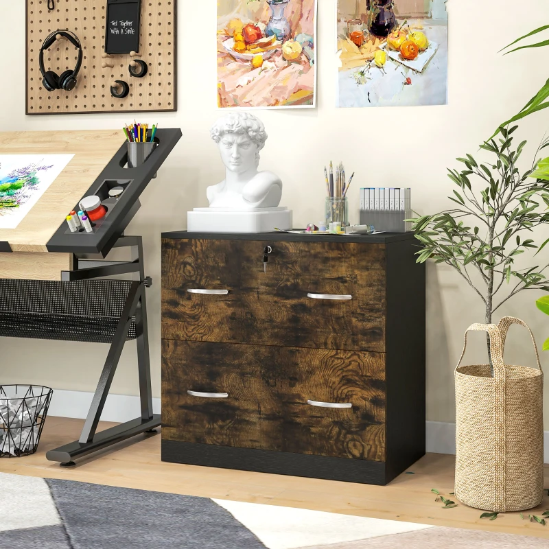 Vinsetto 2 Drawer File Cabinet with Lock, Office Filing Cabinet, Hanging Bar for Letter Size, Home Office, Rustic Brown