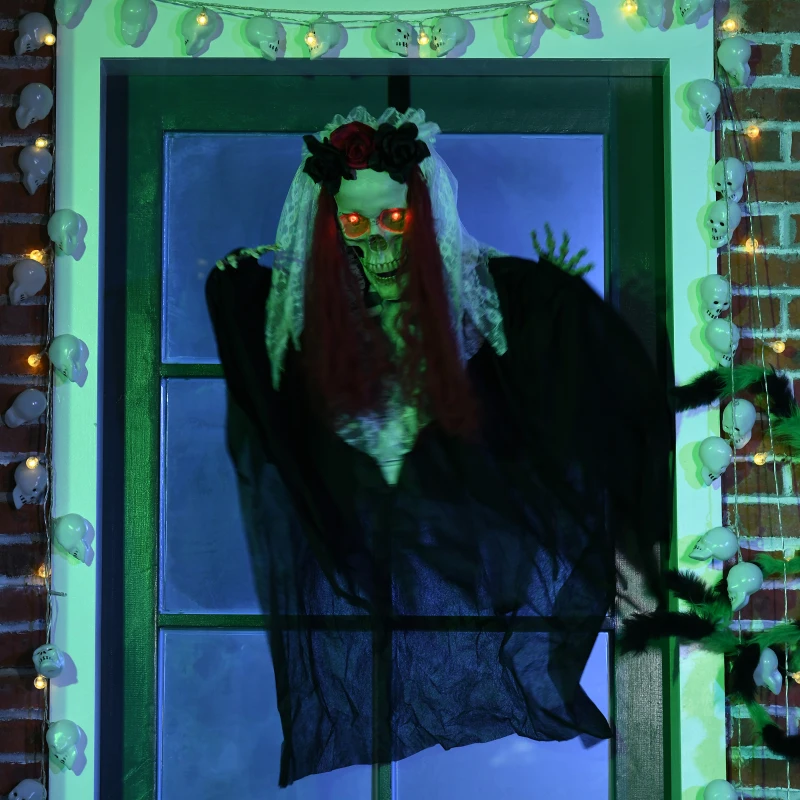 HOMCOM 39 Inch/3.5ft Life Size Outdoor Halloween Decoration Bride Skeleton with Red Hair, Animated Prop with Sound and Motion Activated, Light Up Eyes, Creepy Sound