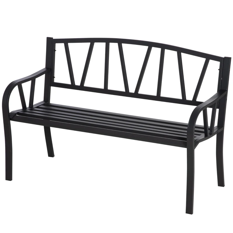 Outsunny 50" Outdoor Bench, Metal Garden Bench with V-Shaped Pattern Backrest, Porch Bench with Slatted Seat for Park, Yard, Lawn, Black