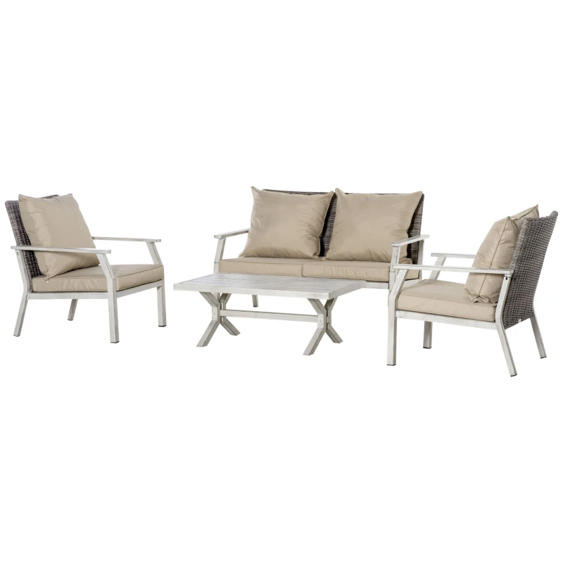 Outsunny 4 Pieces Patio Furniture Set with Cushions, Outdoor Wicker Conversation Sofa Sets, Aluminum Frame Sofa Sets for Backyard, Poolside, Garden, Beige