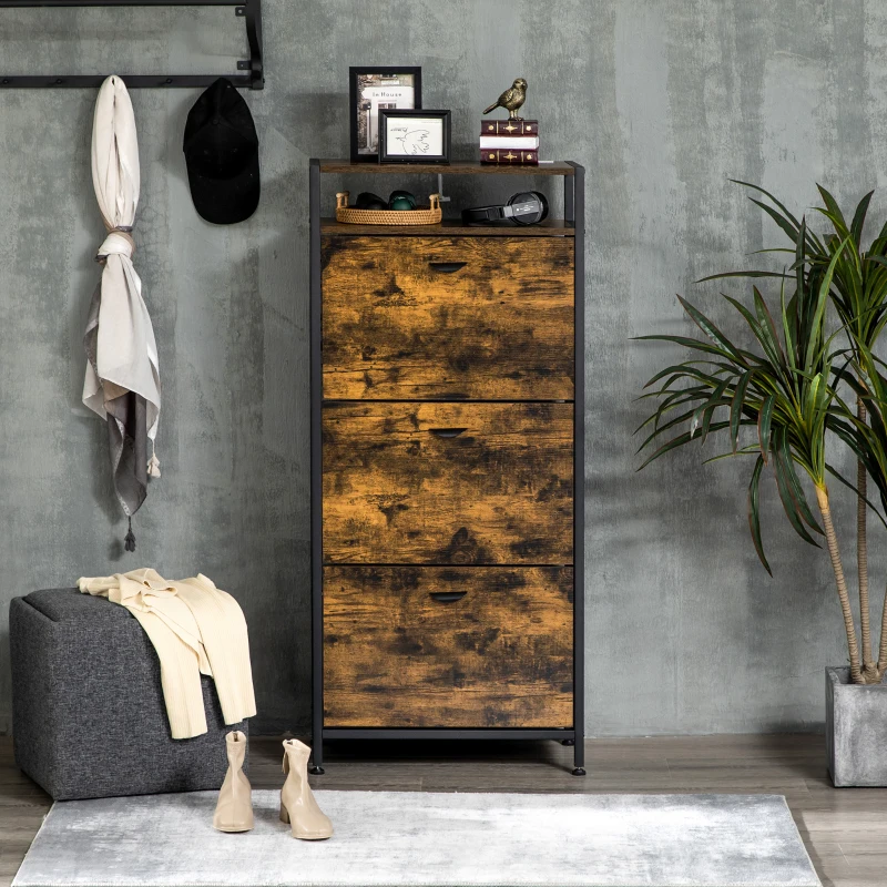 HOMCOM Industrial 12 Pair Shoe Storage Cabinet with 3 Flip Drawers and Open Shelf, Shoe Storage Organizer Rustic Brown