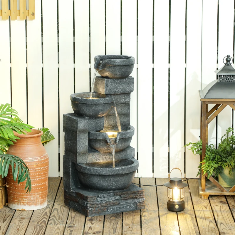 Outsunny 30" Tall Outdoor Waterfall Fountain with LED Lights, 4-Tier Resin Cascading Water Bowls with Pump, Gray