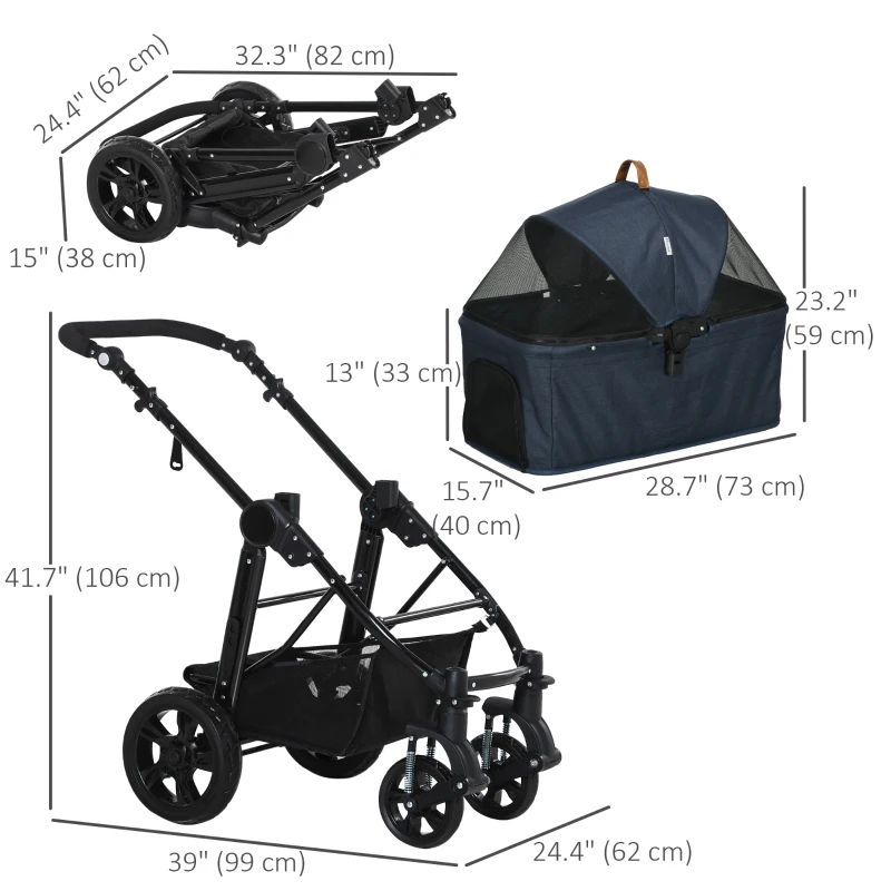 PawHut 2 in 1 Dog Stroller with Detachable Carriage Bag, Adjustable Canopy, Safety Leashes, Storage Basket for S Dogs, Blue