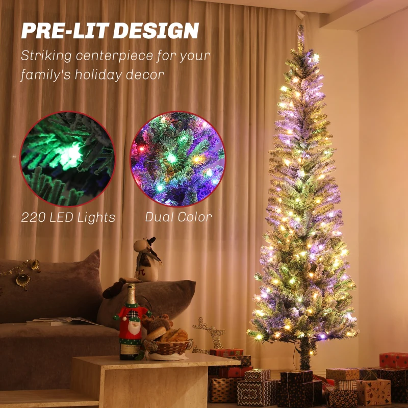 HOMCOM 7.5ft Prelit Pencil Artificial Christmas Tree, Flocked Xmas Tree with Remote, Dual Colour LEDs, 519 Tips, Metal Stand