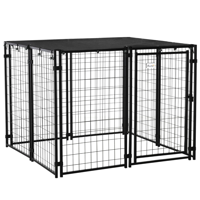 PawHut Outdoor Dog Kennel, Lockable Pet Playpen Crate with Top Cover, Black