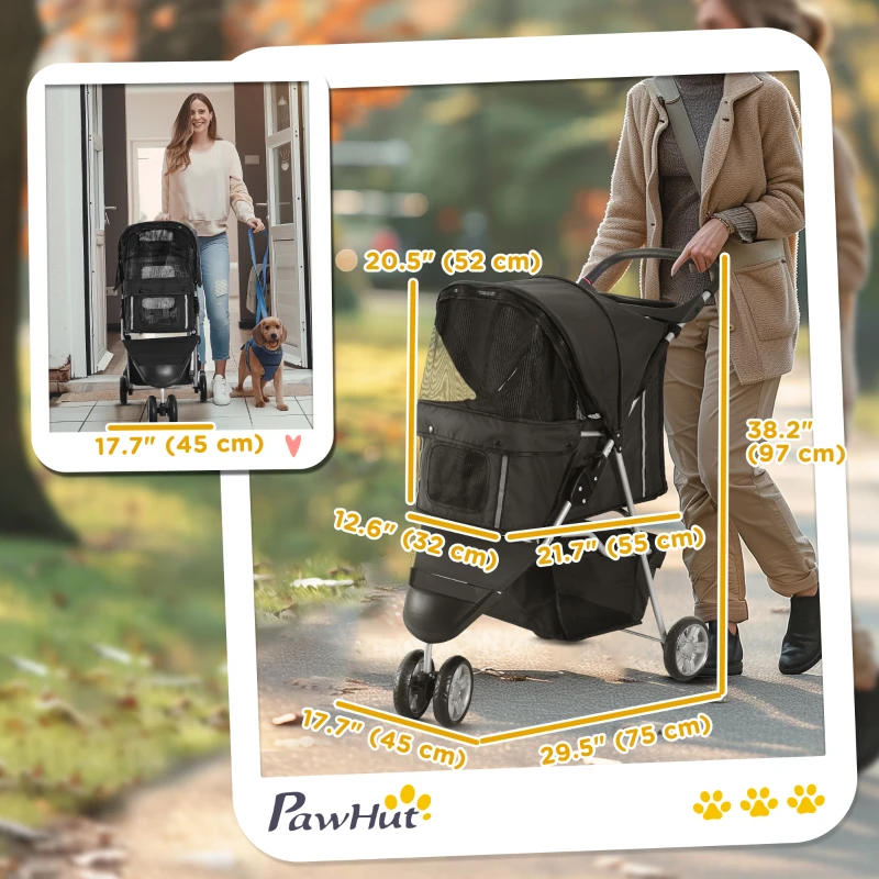 PawHut 3 Wheels Foldable Dog Stroller with Storage Basket, Adjustable Canopy, Cupholder for Miniature and Small Dogs, Black