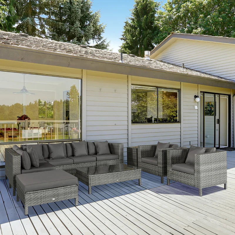 Outsunny Patio Furniture Set, 9 Piece Outdoor Sectional Sofa, All-Weather PE Rattan Wicker Conversation Set with Chairs, Ottoman, Loveseat, Coffee and Side Table, Cushions, Gray