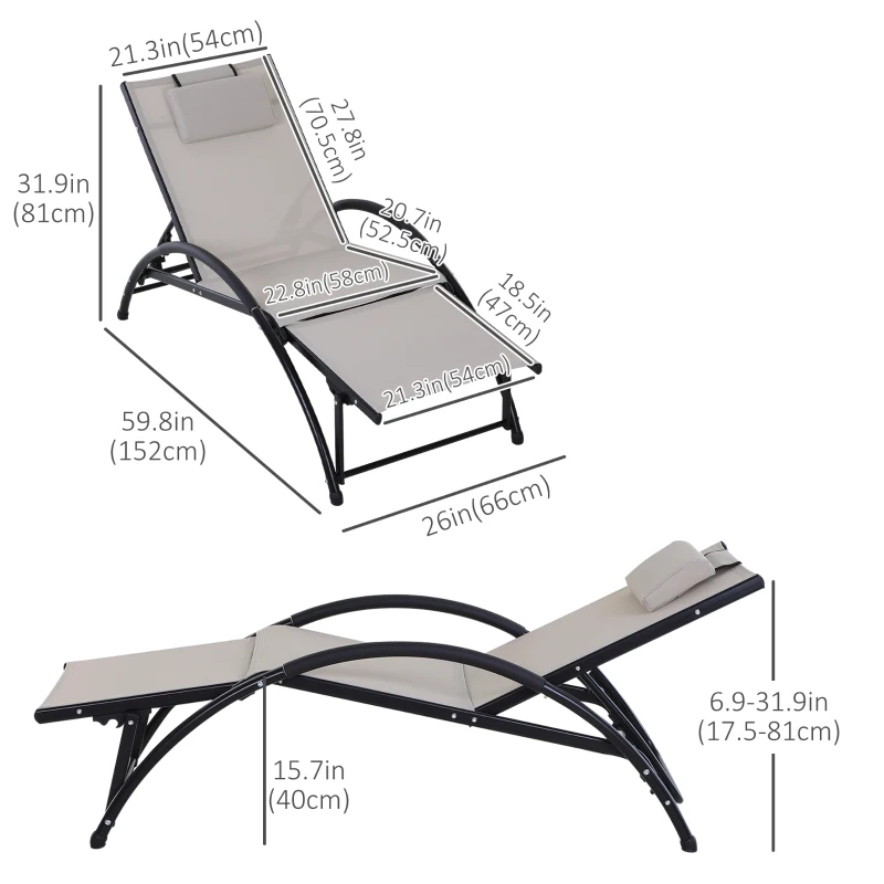 Outsunny Outdoor Lounge Chair with Breathable Mesh Fabric Seat, 5-Level Adjustable Reclining Chair with Aluminum Frame, Headrest Pillow, Adjustable Footrest, Beige