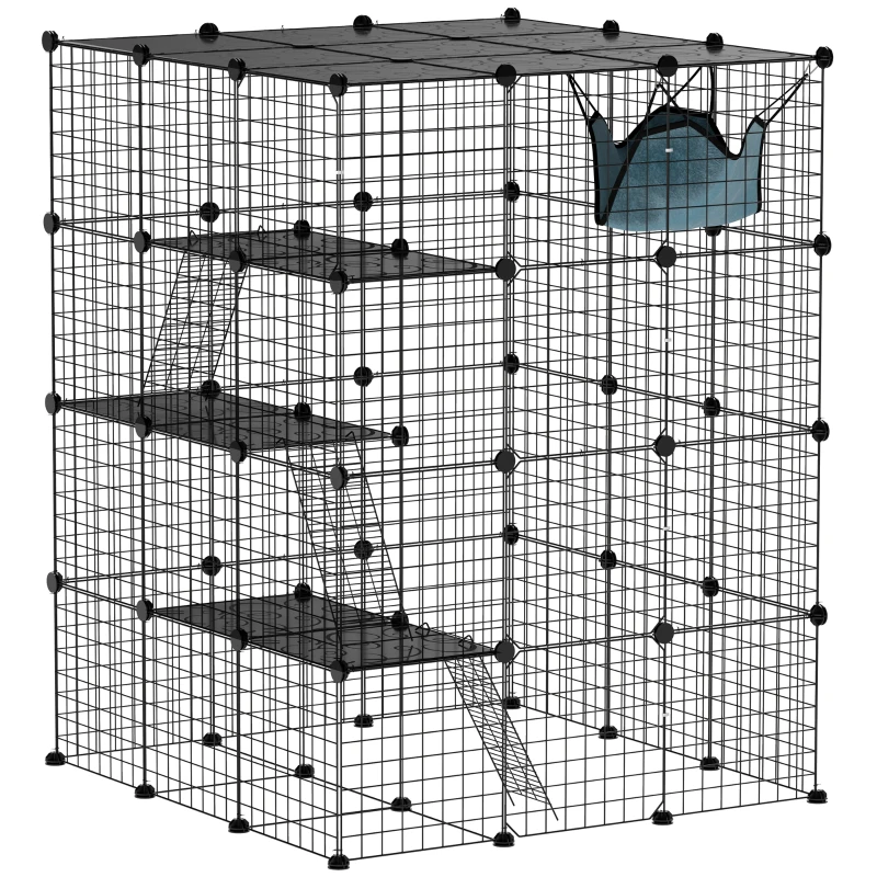 PawHut 4 Tier DIY Cat Cage Indoor, Catio for 1-3 Cats with Hammock, 5 Doors, 3 Ramps, 3 Jumping Platforms, for 1-3 Cats, Black
