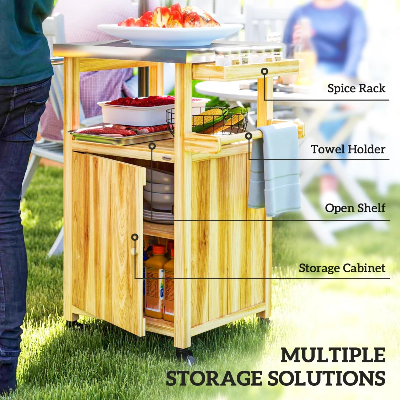 Outsunny Outdoor Grill Cart w/ Stainless Steel Top, Solid Wood Outdoor Kitchen Island w/ Wheels, Integrated Hole, Natural Wood
