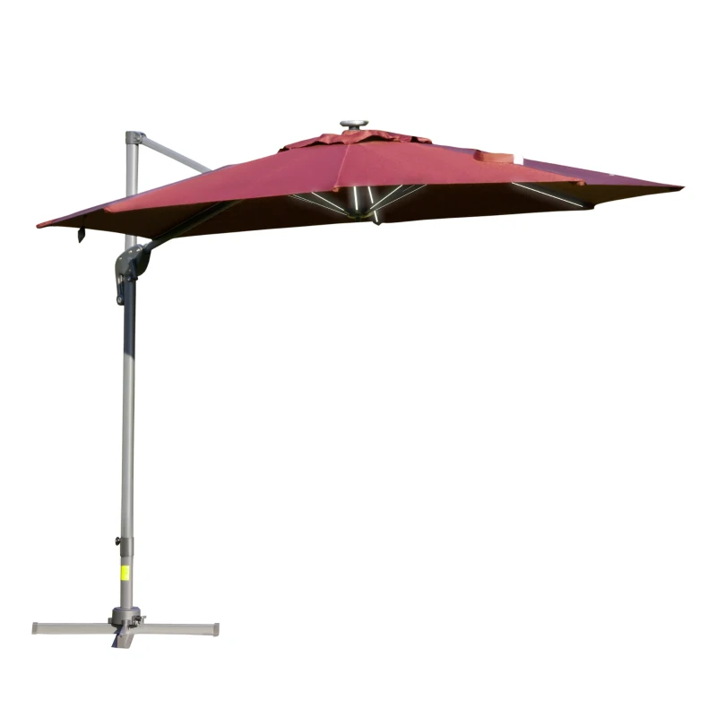 Outsunny 3m/10ft Outdoor Cantilever Sun Umbrella Solar LED Lighted Sun Shade Aluminum Market Umbrella with Adjustable Angle & 360° Rotation for Backyard, Poolside, Lawn and Garden Wine Red