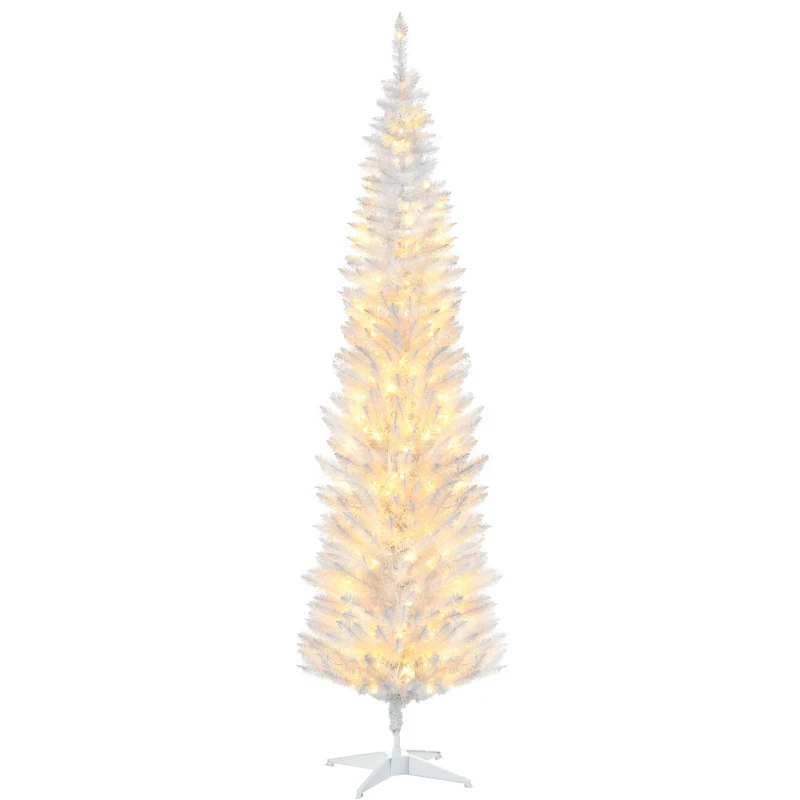 HOMCOM 7ft Pencil Christmas Tree, Slim Artificial Christmas Tree with Realistic Branches and Warm White LED Lights, White