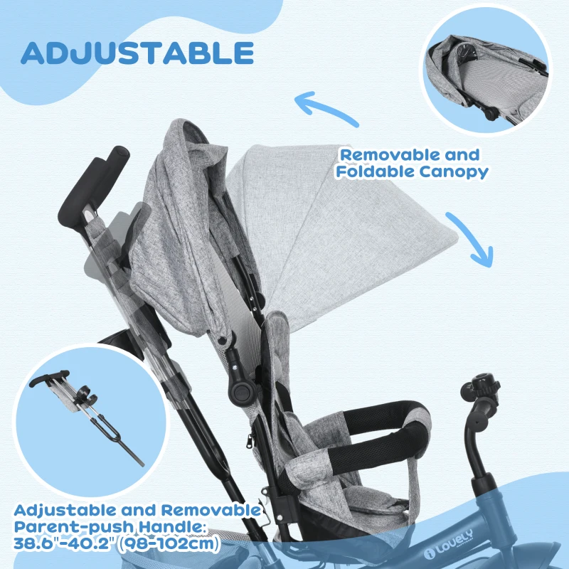 Qaba 6 in 1 Tricycle for Toddler 1-5 Years with Parent-Push Handle, Grey