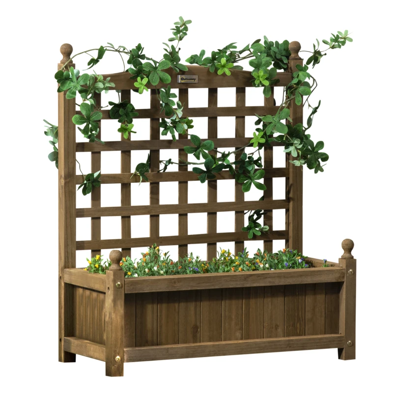 Outsunny Garden Planter with Trellis for Climbing Vines, Wood Raised Garden Bed, Planter Box for Garden, Indoor Outdoor, Coffee