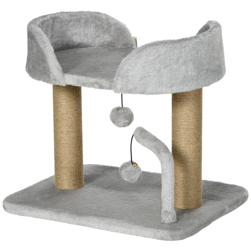 PawHut Cat Tower Condo for Indoor Cats, Small Cat Tree with Jute Scratching Posts, Top Perch, Dangling Balls, Light Grey