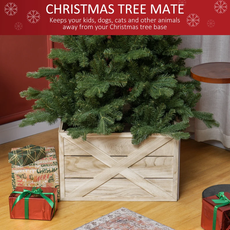 HOMCOM 24" Farmhouse Christmas Tree Base Cover Wooden Christmas Tree Collar Box Home Decoration, Light Distressed Wood Finish
