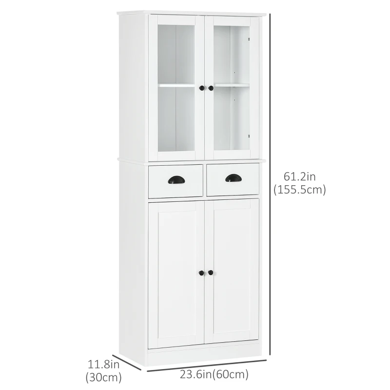 HOMCOM 61" Kitchen Pantry Cabinet, Freestanding Farmhouse Buffet Storage Cabinet with Soft Close Glass Doors and Adjustable Shelves, White