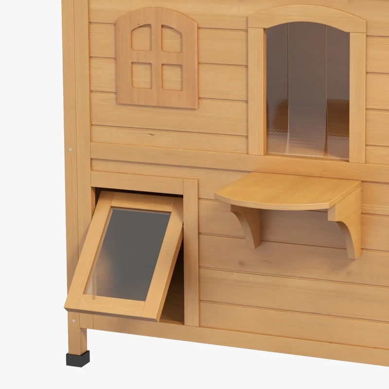 PawHut 2-Storey Outdoor Cat House, Wooden Catio with Openable Roof, Lounge Space, Fun Entrances, for Feral Cats, Yellow