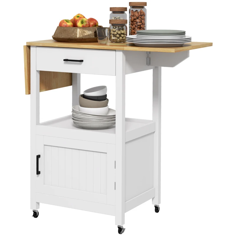 HOMCOM Foldable Kitchen Island with Storage Drawer, Wood Top Coffee Cart on Wheels, Kitchen Cart with Cabinet, White