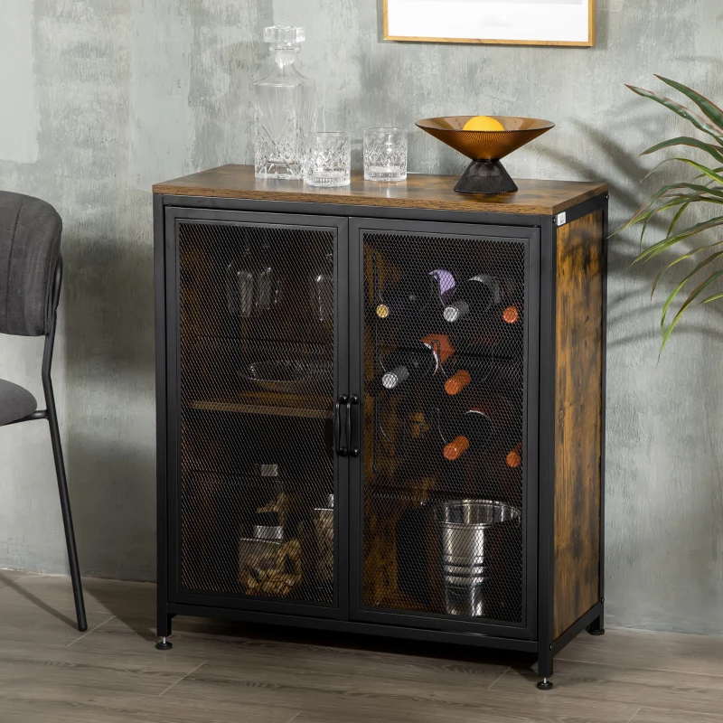 HOMCOM Industrial Wine Cabinet with 9 Bottle Wine Rack, Retro Liquor Cabinet with Glass Holders, Mesh Doors, and Storage Shelf for Home Bar, Dining Room, Rustic Brown