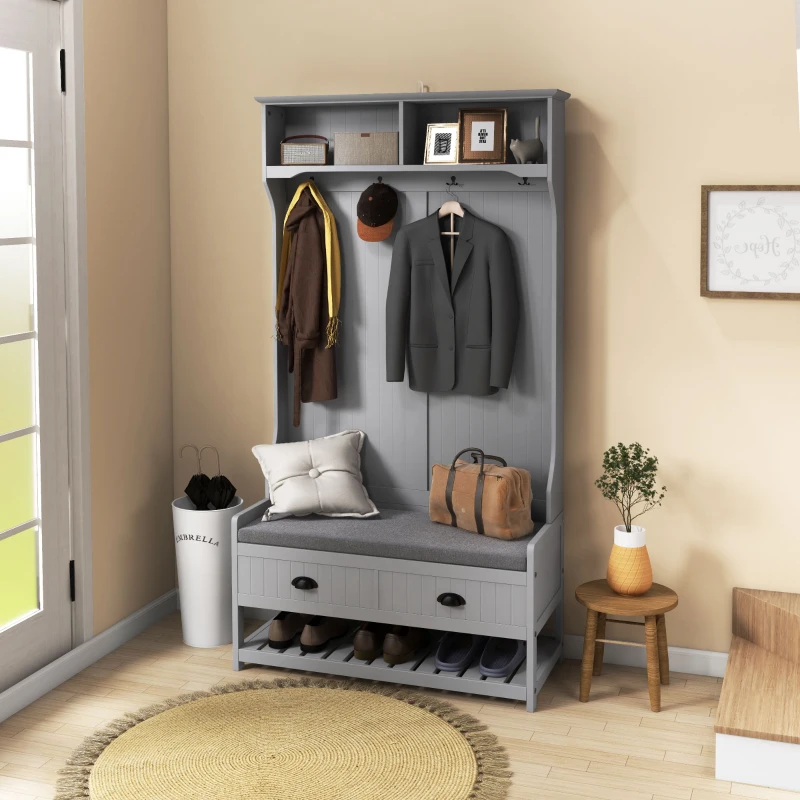 HOMCOM 3-in-1 Hall Tree, Entryway Bench with Coat Rack, Mudroom Bench with Shoe Rack, 2 Storage Drawers, 4 Hooks and Padded Seat Cushions for Hallway, Gray